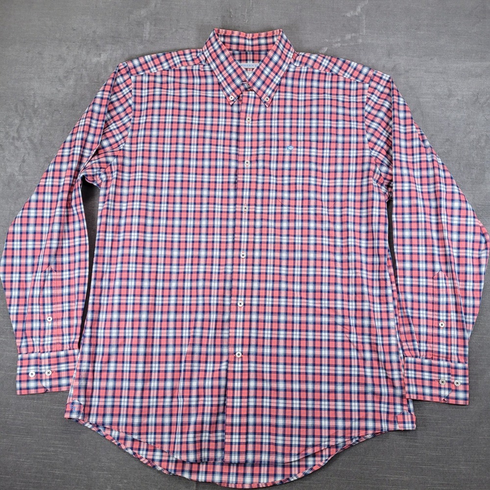 Southern Tide Mens Large Classic Fit Plaid Button Down Shirt Pink Navy Blue Prep